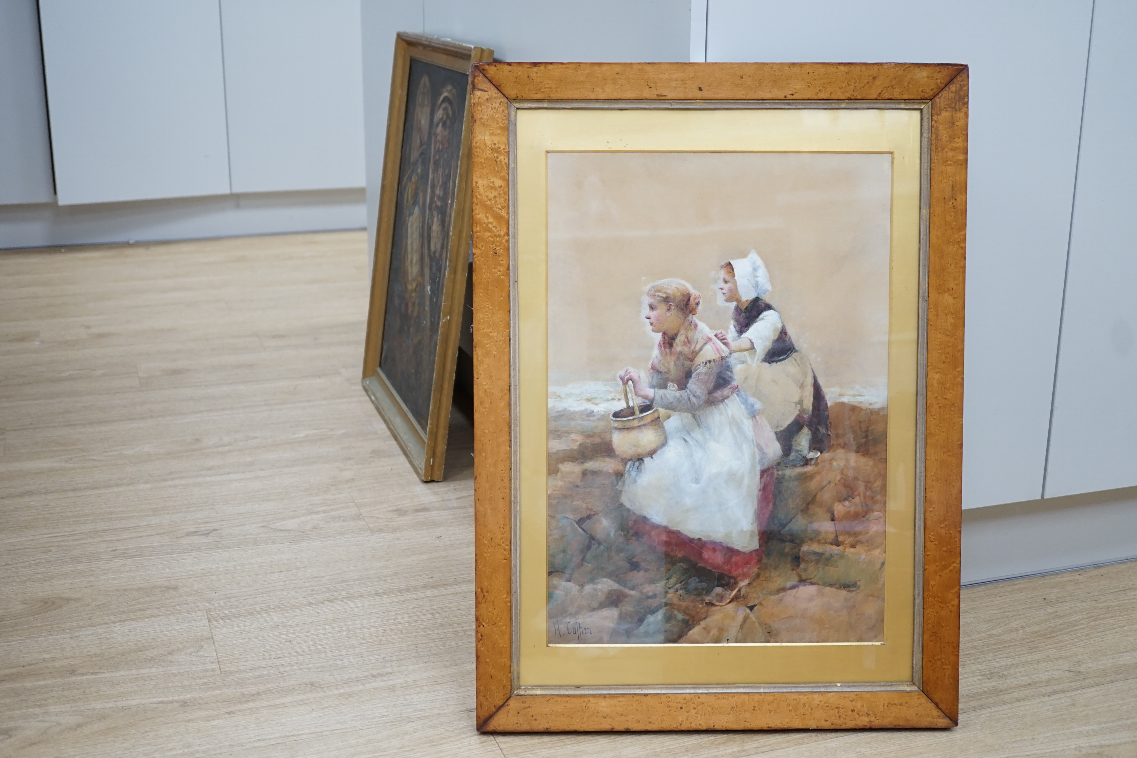 Hector Caffieri R.I. (1847-1932), watercolour, Fishergirls on the shore, signed, 53 x 36.5cm